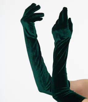 Unique Vintage 1950s Green Velvet Elbow Length Gloves