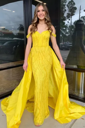 Yellow Off the Shoulder Sequin Long Prom Dresses with Detachable Train